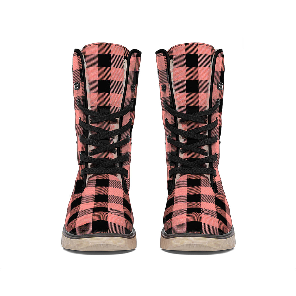 Coral Pink And Black Buffalo Check Print Winter Boots