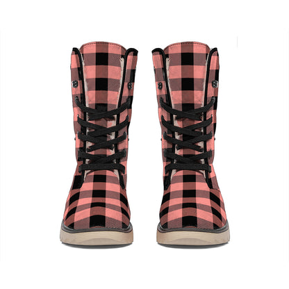 Coral Pink And Black Buffalo Check Print Winter Boots
