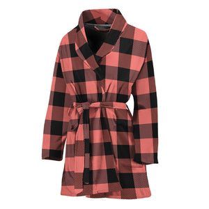 Coral Pink And Black Buffalo Check Print Women's Bathrobe