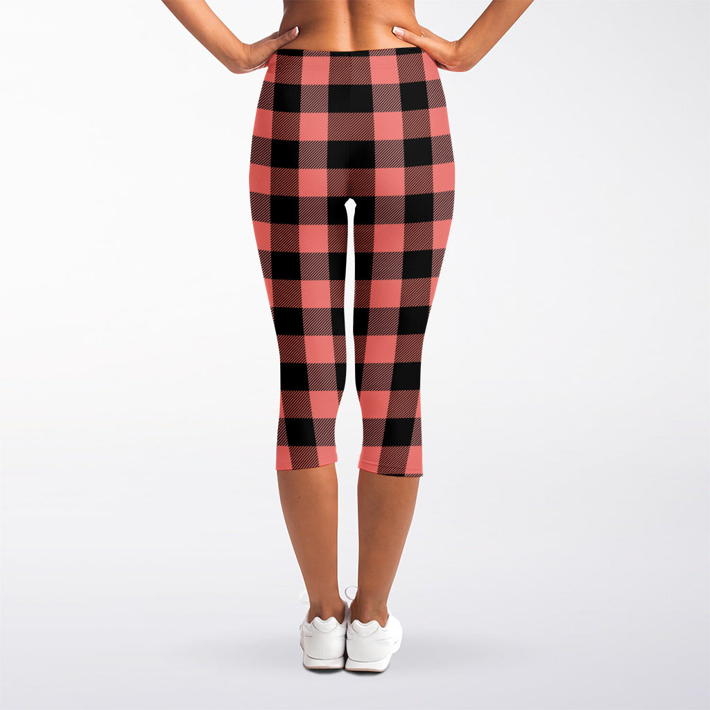Coral Pink And Black Buffalo Check Print Women's Capri Leggings