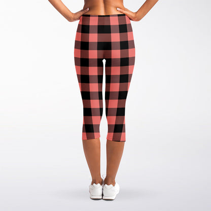 Coral Pink And Black Buffalo Check Print Women's Capri Leggings