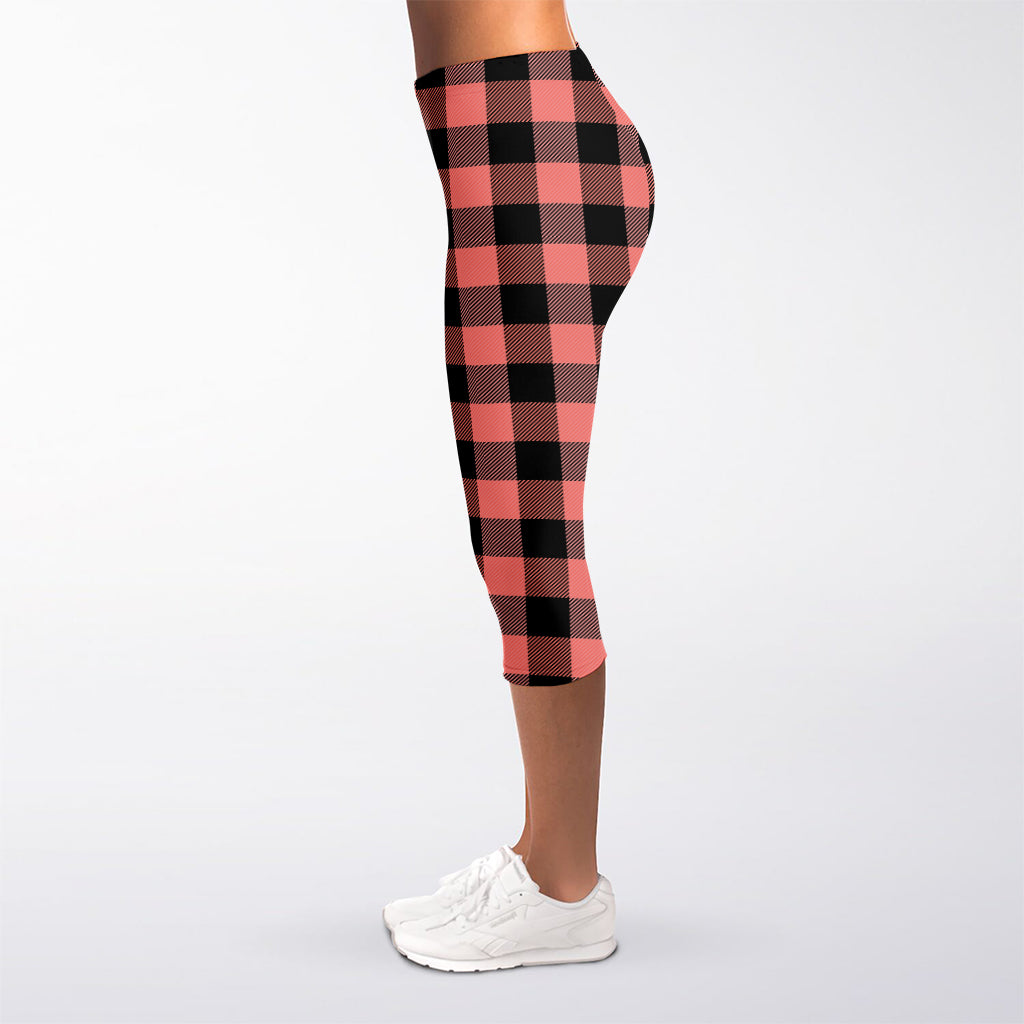 Coral Pink And Black Buffalo Check Print Women's Capri Leggings