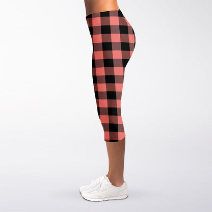 Coral Pink And Black Buffalo Check Print Women's Capri Leggings
