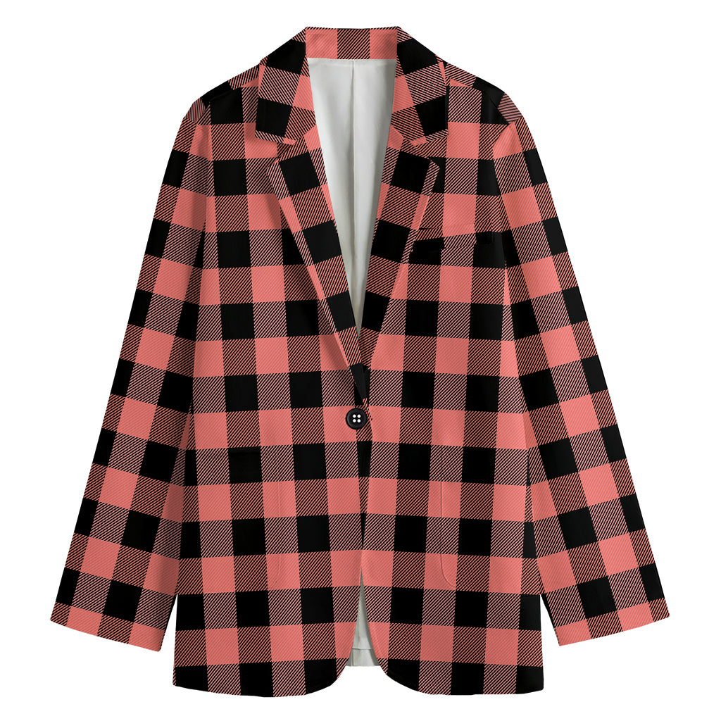 Coral Pink And Black Buffalo Check Print Women's Cotton Blazer