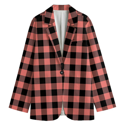 Coral Pink And Black Buffalo Check Print Women's Cotton Blazer
