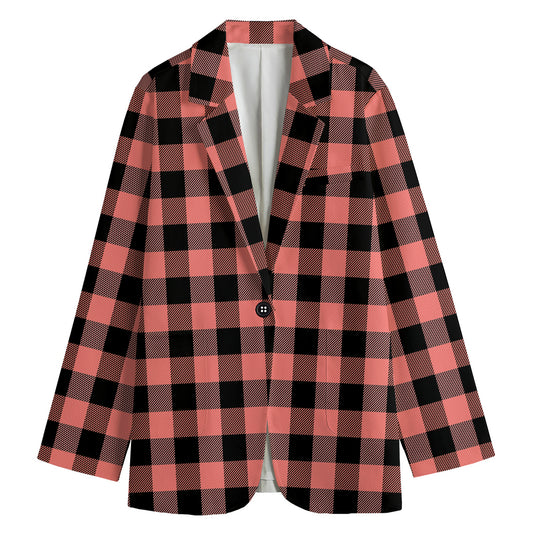Coral Pink And Black Buffalo Check Print Women's Cotton Blazer