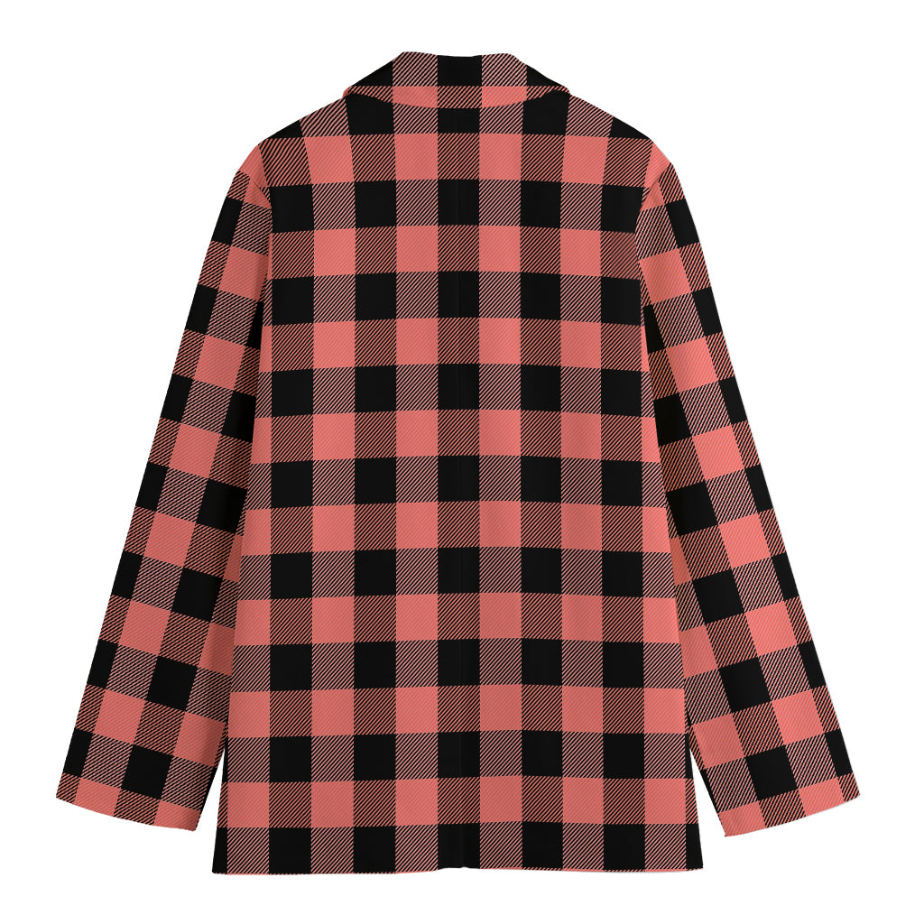 Coral Pink And Black Buffalo Check Print Women's Cotton Blazer