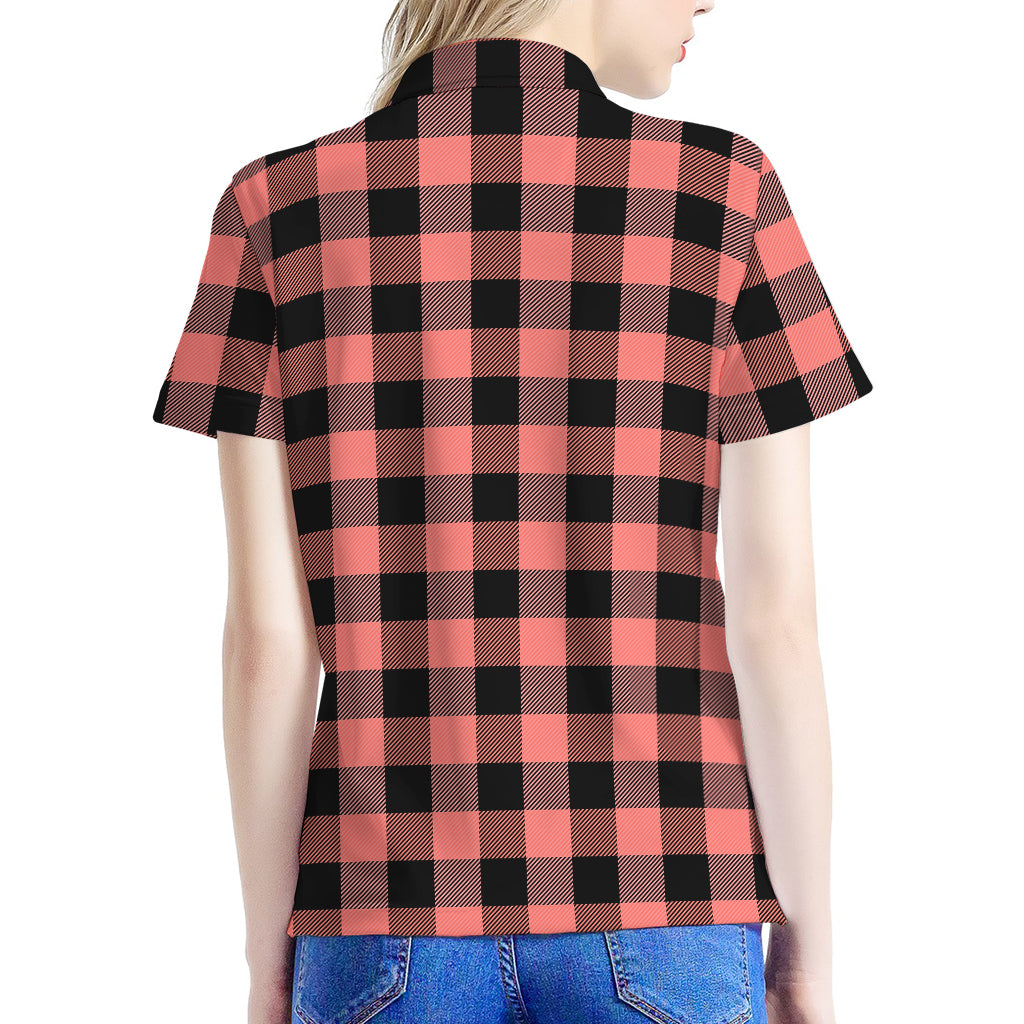Coral Pink And Black Buffalo Check Print Women's Polo Shirt