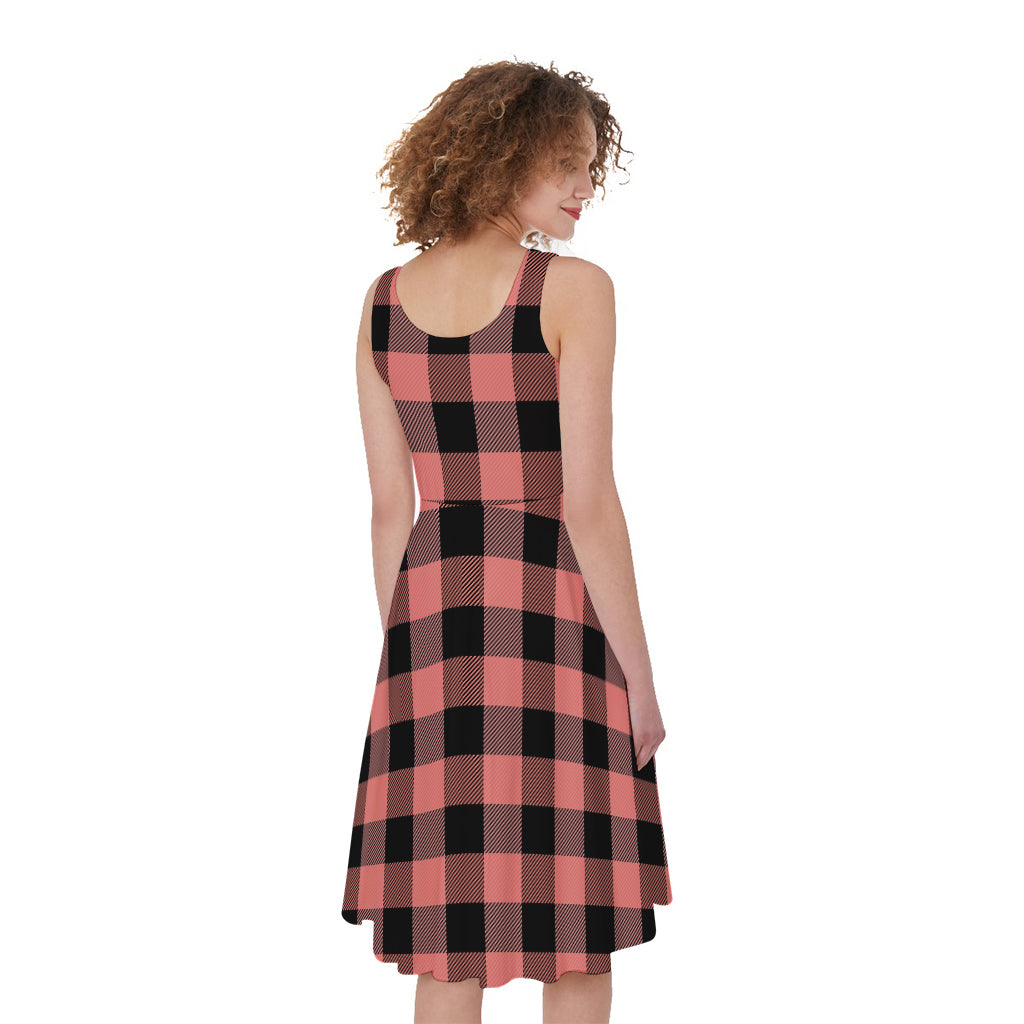 Coral Pink And Black Buffalo Check Print Women's Sleeveless Dress