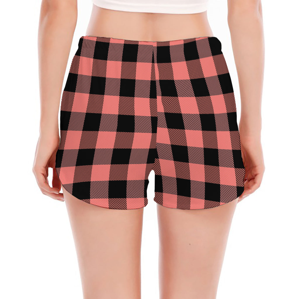 Coral Pink And Black Buffalo Check Print Women's Split Running Shorts