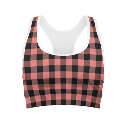 Coral Pink And Black Buffalo Check Print Women's Sports Bra