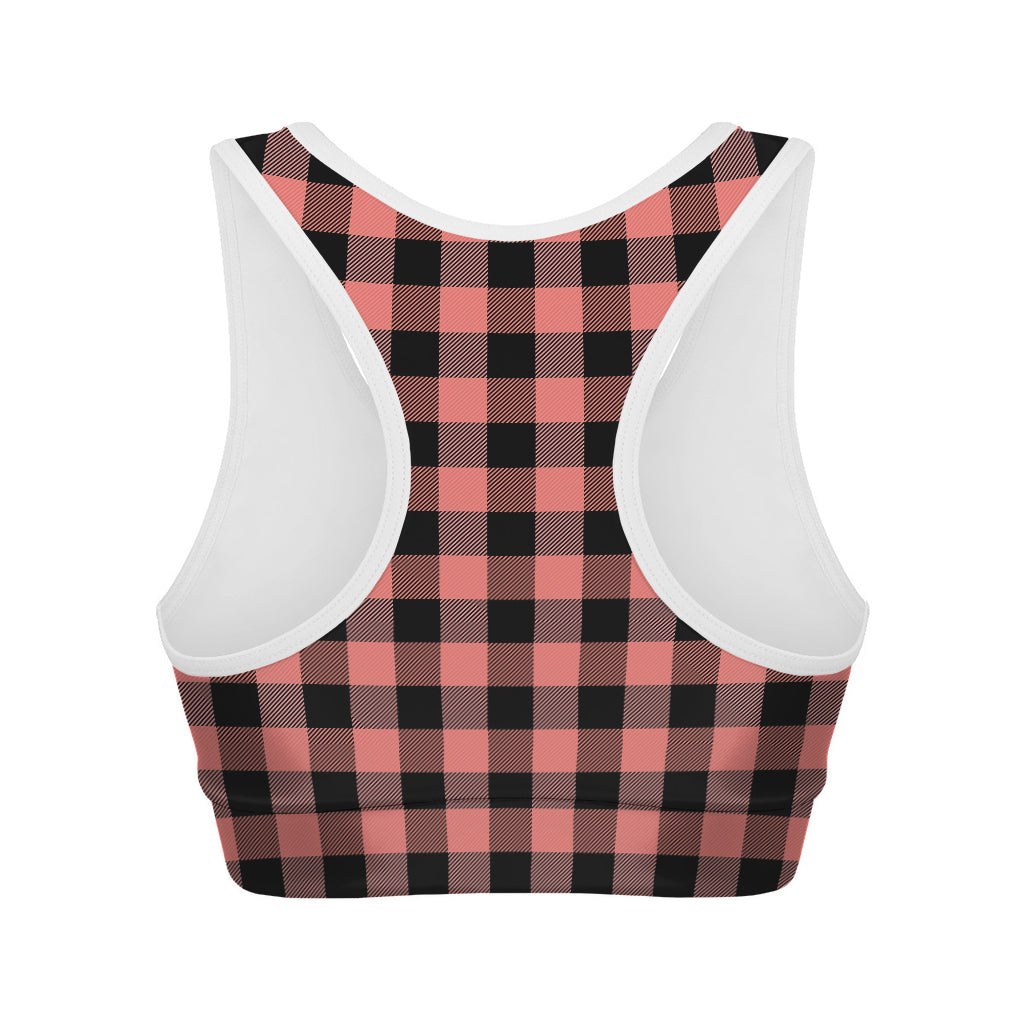 Coral Pink And Black Buffalo Check Print Women's Sports Bra