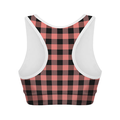 Coral Pink And Black Buffalo Check Print Women's Sports Bra