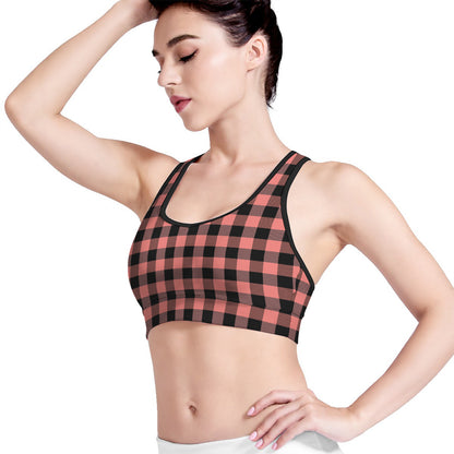 Coral Pink And Black Buffalo Check Print Women's Sports Bra