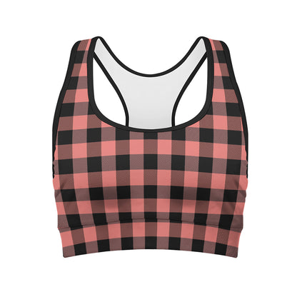 Coral Pink And Black Buffalo Check Print Women's Sports Bra