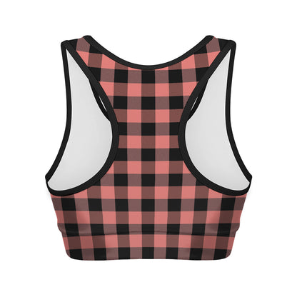 Coral Pink And Black Buffalo Check Print Women's Sports Bra