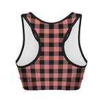 Coral Pink And Black Buffalo Check Print Women's Sports Bra