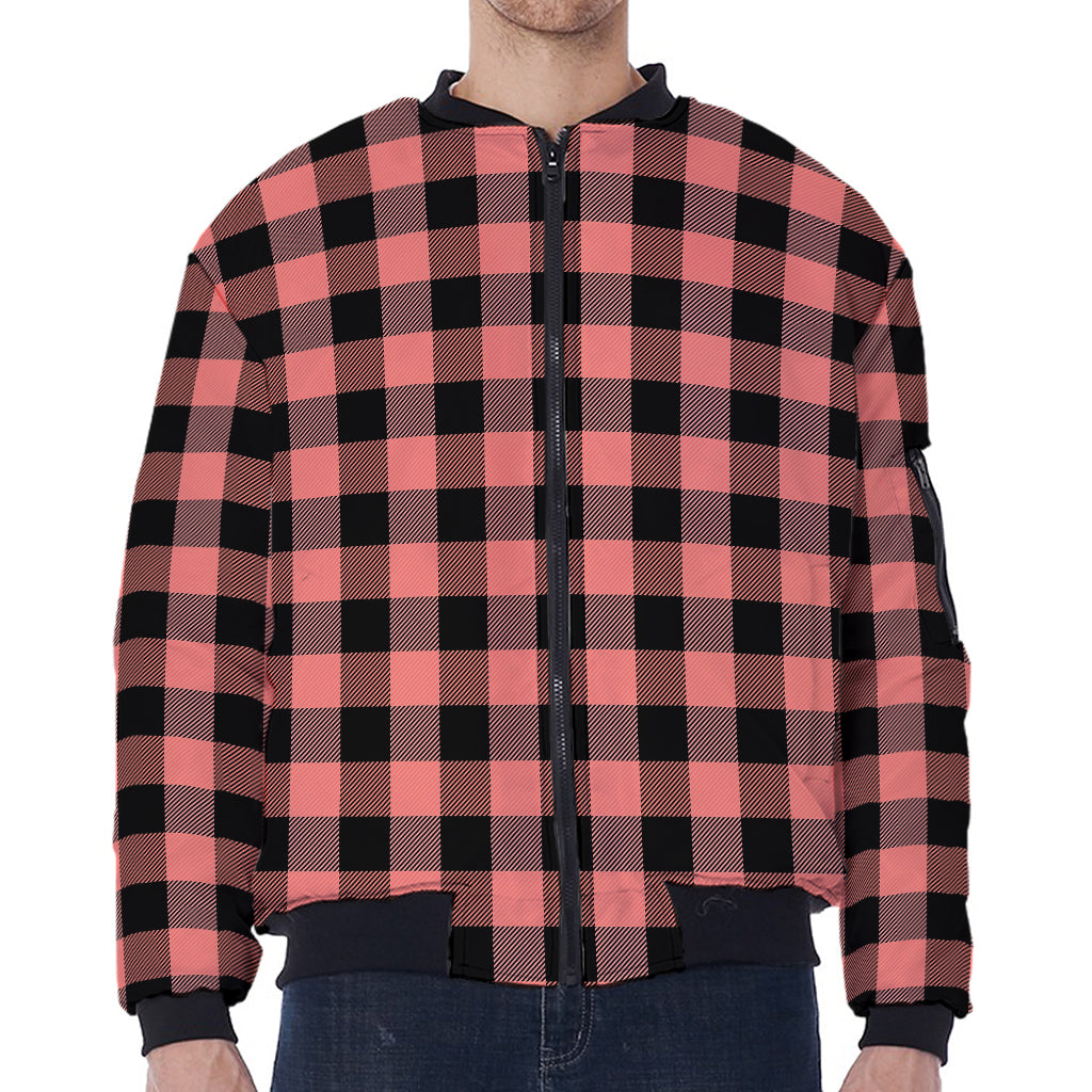 Coral Pink And Black Buffalo Check Print Zip Sleeve Bomber Jacket