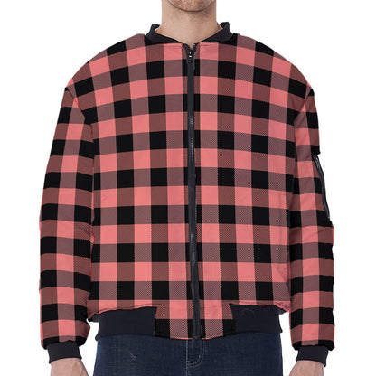 Coral Pink And Black Buffalo Check Print Zip Sleeve Bomber Jacket
