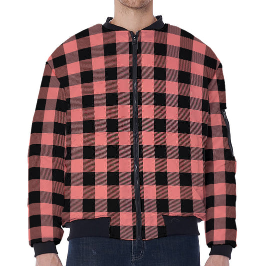 Coral Pink And Black Buffalo Check Print Zip Sleeve Bomber Jacket
