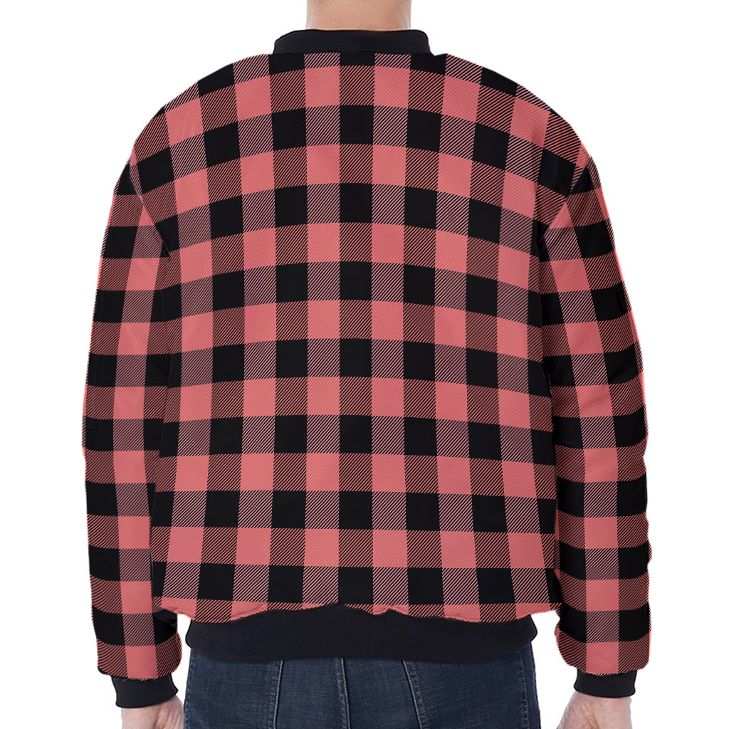 Coral Pink And Black Buffalo Check Print Zip Sleeve Bomber Jacket