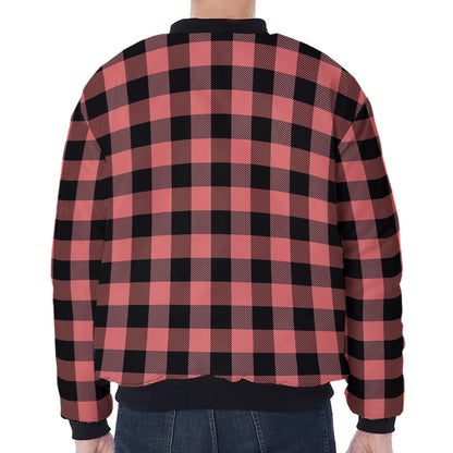 Coral Pink And Black Buffalo Check Print Zip Sleeve Bomber Jacket