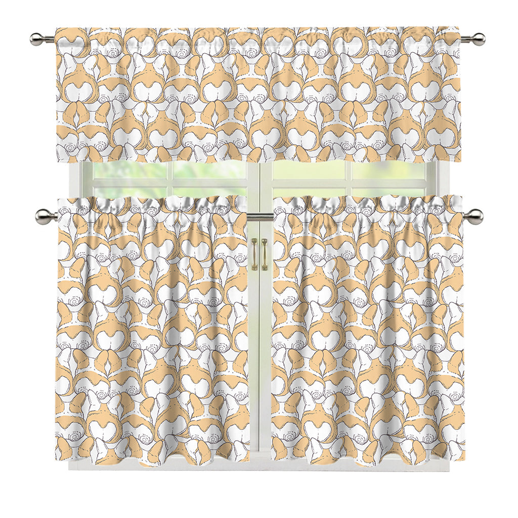 Corgi Butt Pattern Print 3 Piece Kitchen Curtains