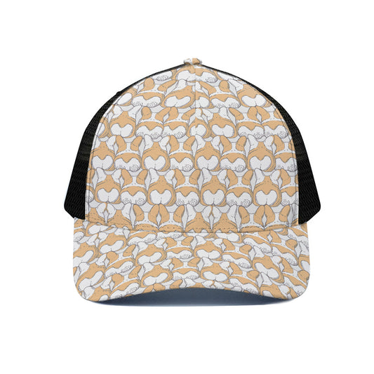 Corgi Butt Pattern Print Black Mesh Trucker Cap