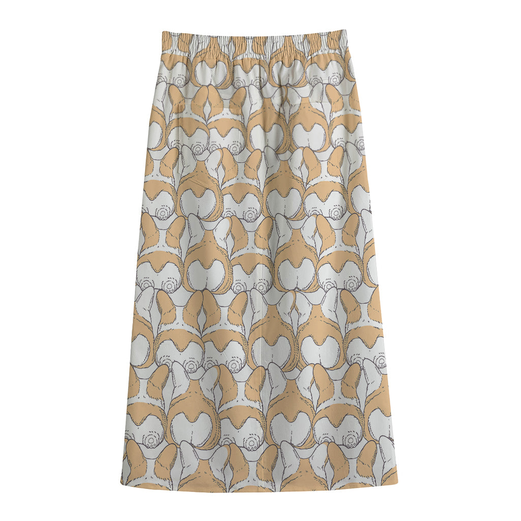 Corgi Butt Pattern Print Cotton Front Slit Maxi Skirt