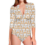 Corgi Butt Pattern Print Long Sleeve Swimsuit