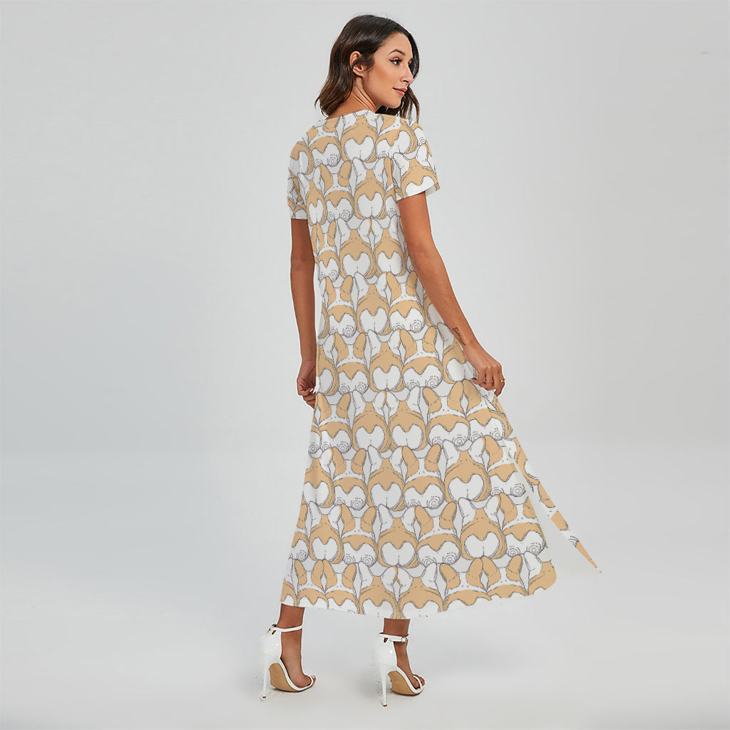 Corgi Butt Pattern Print Short Sleeve Maxi Dress