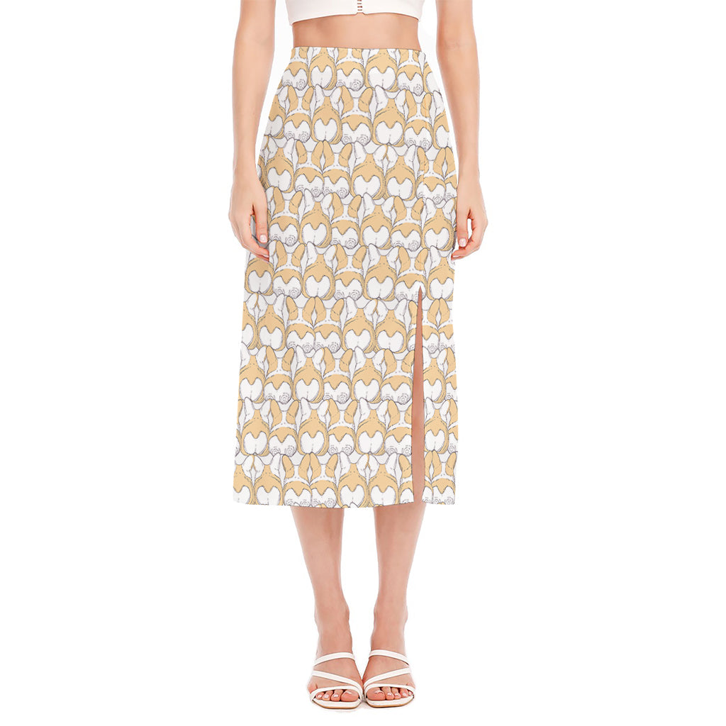 Corgi Butt Pattern Print Side Slit Midi Skirt