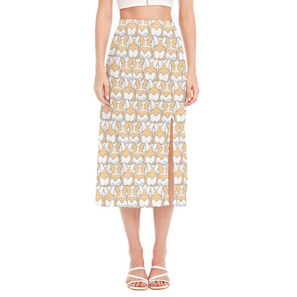 Corgi Butt Pattern Print Side Slit Midi Skirt