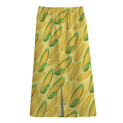 Corn Cob Pattern Print Cotton Front Slit Maxi Skirt