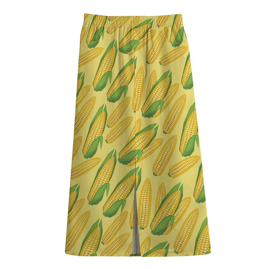 Corn Cob Pattern Print Cotton Front Slit Maxi Skirt