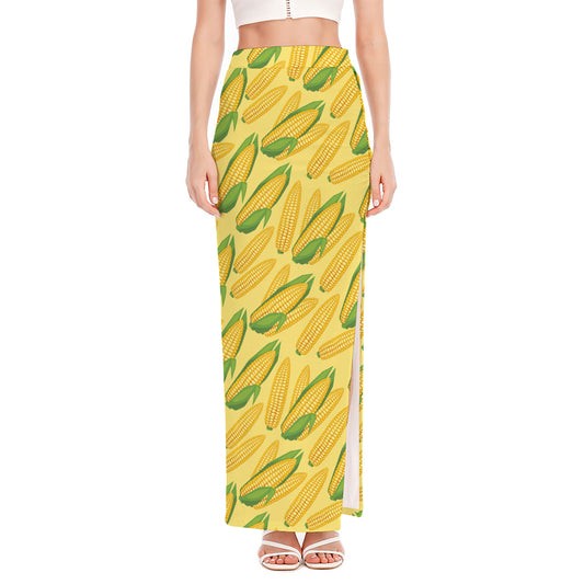 Corn Cob Pattern Print High Slit Maxi Skirt