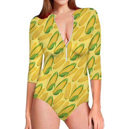 Corn Cob Pattern Print Long Sleeve Swimsuit