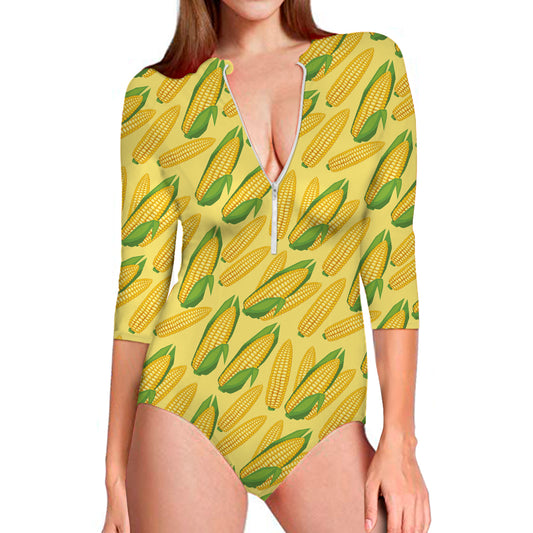 Corn Cob Pattern Print Long Sleeve Swimsuit