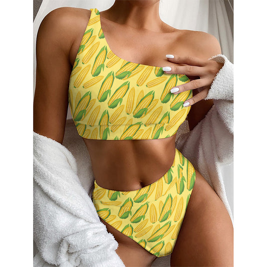 Corn Cob Pattern Print One Shoulder Bikini Top