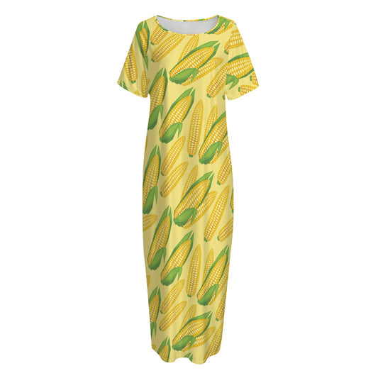 Corn Cob Pattern Print Short Sleeve Long Nightdress