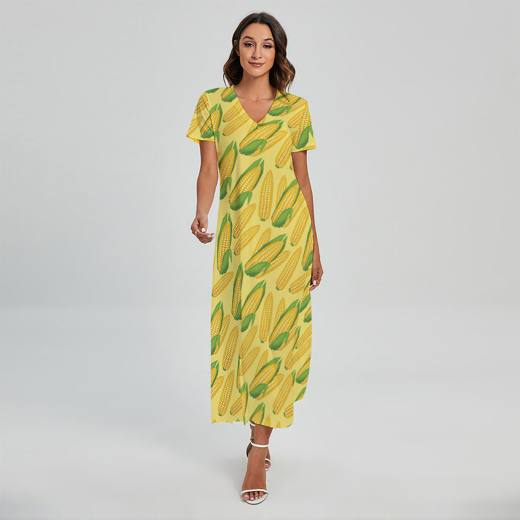 Corn Cob Pattern Print Short Sleeve Maxi Dress