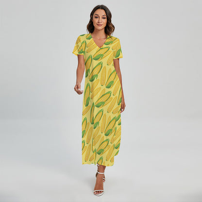 Corn Cob Pattern Print Short Sleeve Maxi Dress