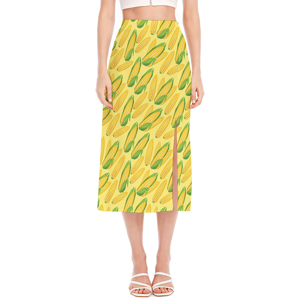 Corn Cob Pattern Print Side Slit Midi Skirt