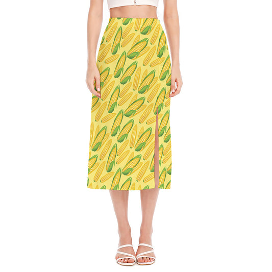Corn Cob Pattern Print Side Slit Midi Skirt
