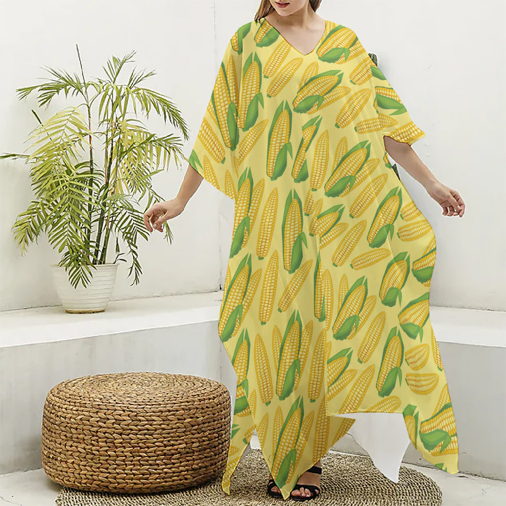 Corn Cob Pattern Print Silk V-Neck Kaftan Dress