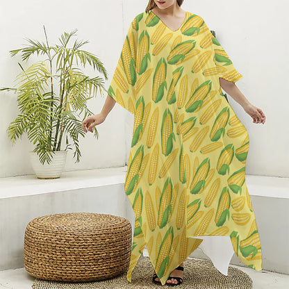 Corn Cob Pattern Print Silk V-Neck Kaftan Dress