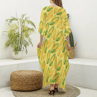 Corn Cob Pattern Print Silk V-Neck Kaftan Dress