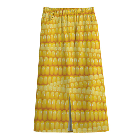Corn Pattern Print Cotton Front Slit Maxi Skirt