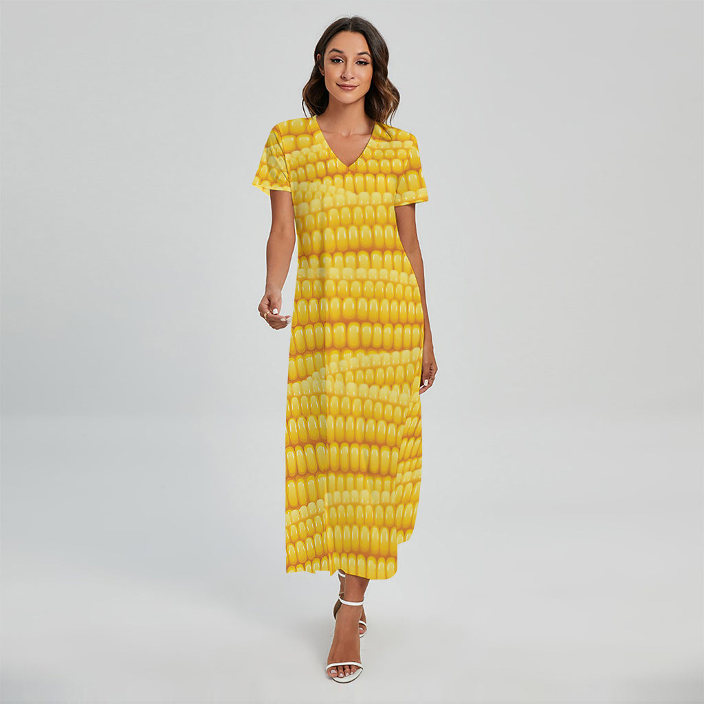 Corn Pattern Print Short Sleeve Maxi Dress