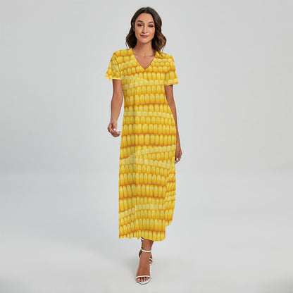 Corn Pattern Print Short Sleeve Maxi Dress